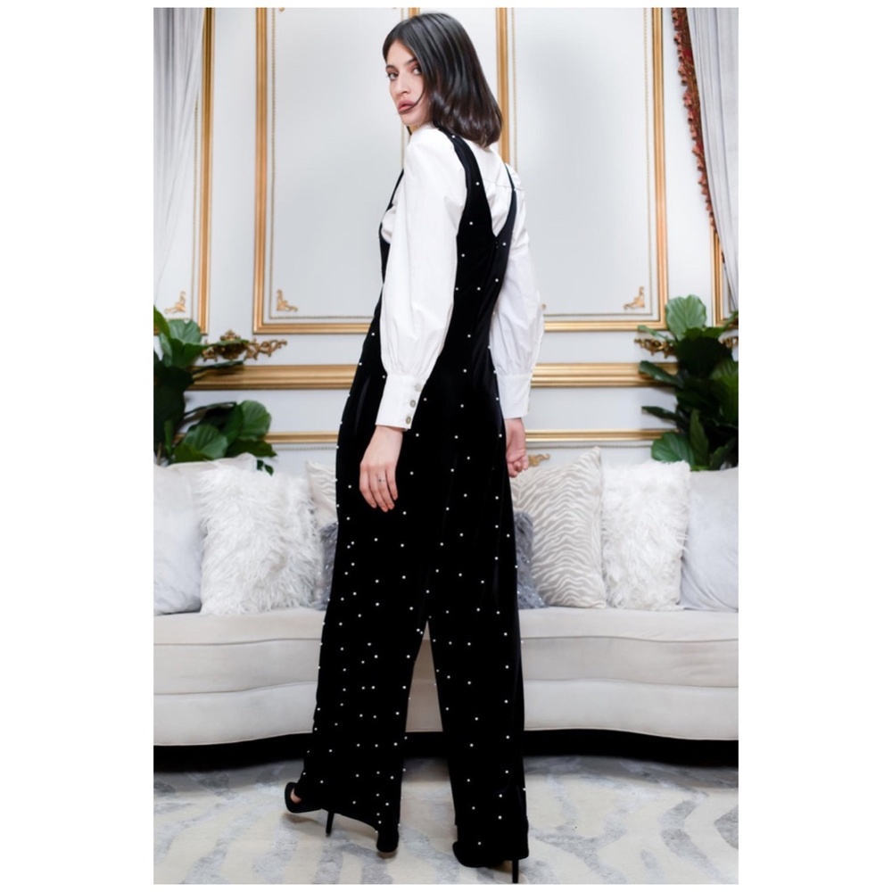 Eva Franco Anthropologie Black Velvet Pearl Wide Leg V Front Sleeveless Jumpsuit - Picture 9 of 9
